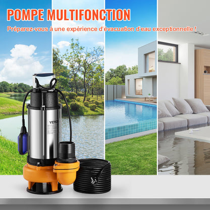 Dränkbar vattenpump, 2200W 60000L/h, med 10 m sladd och automatisk flottörbrytare, bärbar rostfri stålpump för smutsiga eller rena avlopp, översvämningar i avlopp, tömning av trädgårdsdammar, simbassänger, bubbelpool
