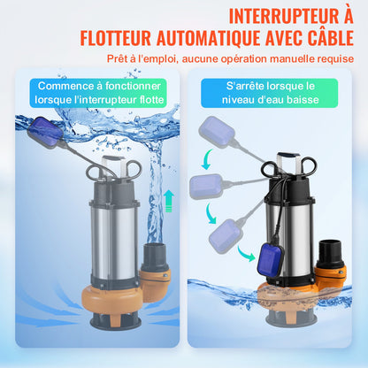 Dränkbar vattenpump, 2200W 60000L/h, med 10 m sladd och automatisk flottörbrytare, bärbar rostfri stålpump för smutsiga eller rena avlopp, översvämningar i avlopp, tömning av trädgårdsdammar, simbassänger, bubbelpool