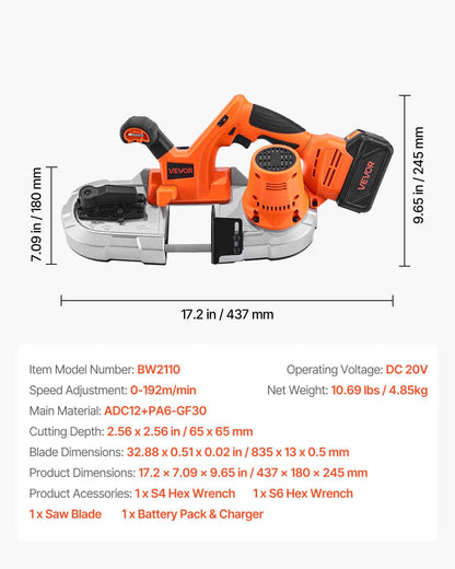 20V Portable Band Saw Kit, 65 x 65 mm Cutting Depth, AC 220V, 360W Bandsaw with Brushless Motor, 4.0 Ah Battery, Cordless and Compact Portaband, 0-192 m/min Variable Speed, for Cutting Metal, Wood