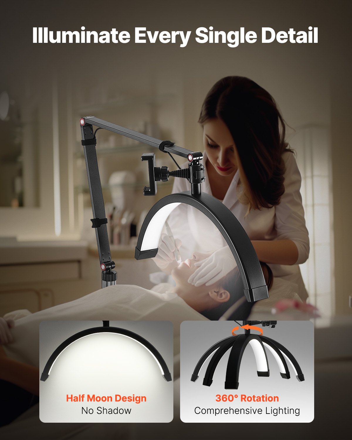 Half Moon Light for Esthetician, 2 in 1 LED Floor and Desk Lamp Lash Light for Eyelash Extensions, Arched Eyelash Lamp with Phone Holder, Remote Control, for Beauty, Skincare, Eyebrows, Tattoo