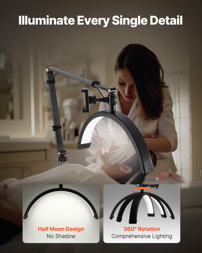Half Moon Light for Esthetician, 2 in 1 LED Floor and Desk Lamp Lash Light for Eyelash Extensions, Arched Eyelash Lamp with Phone Holder, Remote Control, for Beauty, Skincare, Eyebrows, Tattoo