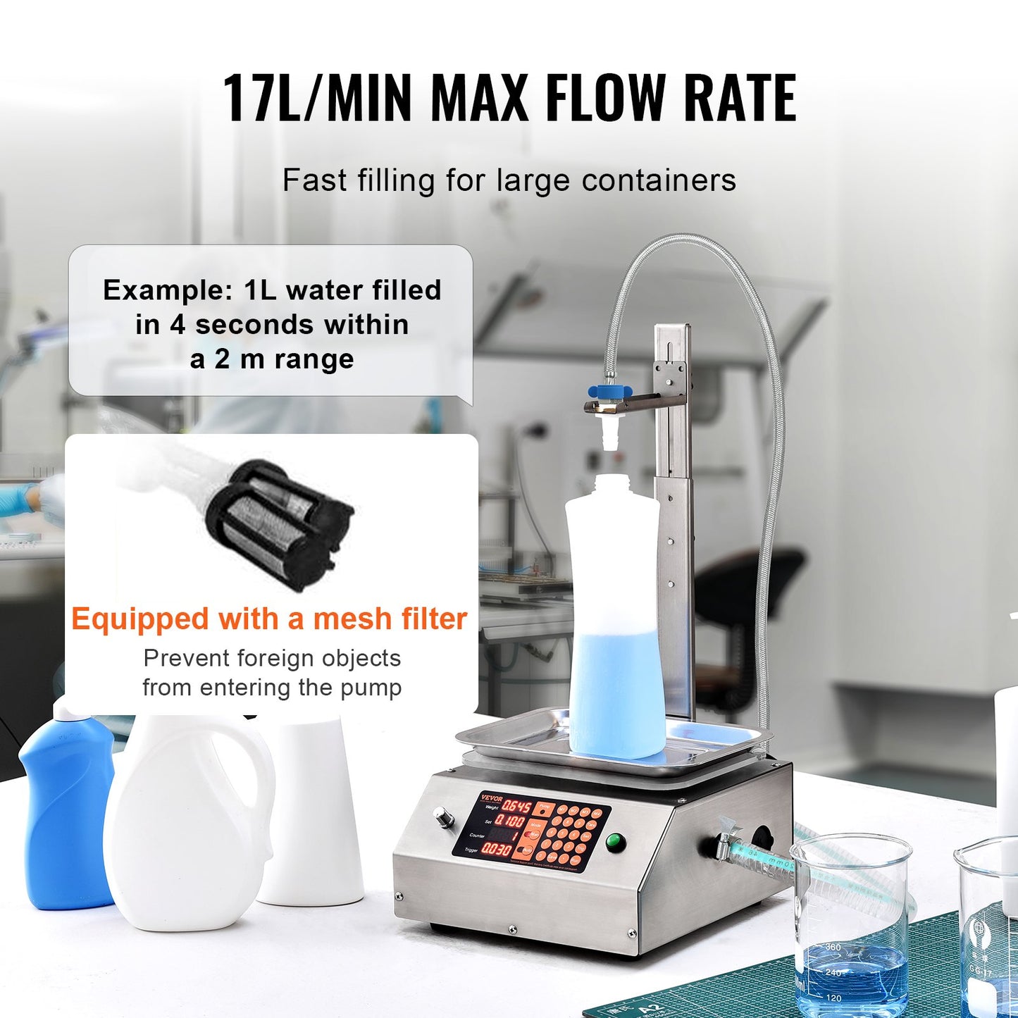 Vätskepåfyllningsmaskin, 30-15000 g vägkapacitet, automatisk flaskpåfyllningsmaskin. Digital styrning för mjölk, vatten, olja, vin, dryck, tvättmedel, schampo (enkelt munstycke).