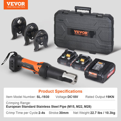 Press Tool and Battery Kit, Pro Press Tool, Electric Pipe Crimping Tool with M15, M22, M28 Jaws, Press Tool Kit with 2pcs 18V 2.0Ah Battery, Fast Charger, and Carrying Case