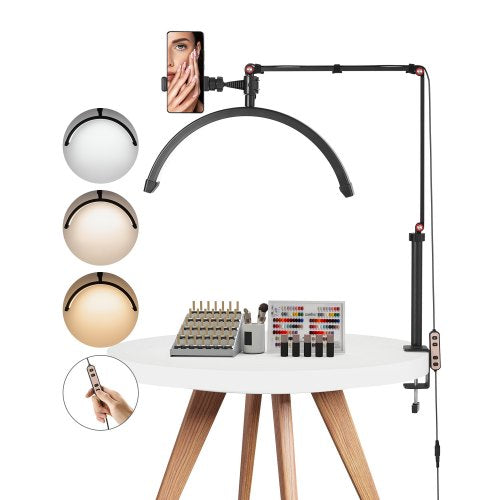 Nail Desk Light, 20 W Clip on Half Moon Lash Light with Phone Holder, Adjustable Brightness and Color Temperature, Arched LED Table Lamp for Nail Tech, Tattoo Artists, Beauty, Eyelash Extensions