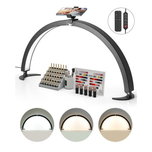 Nail Desk Light, 40 W Half Moon Desk Lamp with Phone Holder, Adjustable Brightness and Color Temperature, Arched LED Table Light for Nail Tech, Tattoo Artists, Beauty, Eyelash Extensions