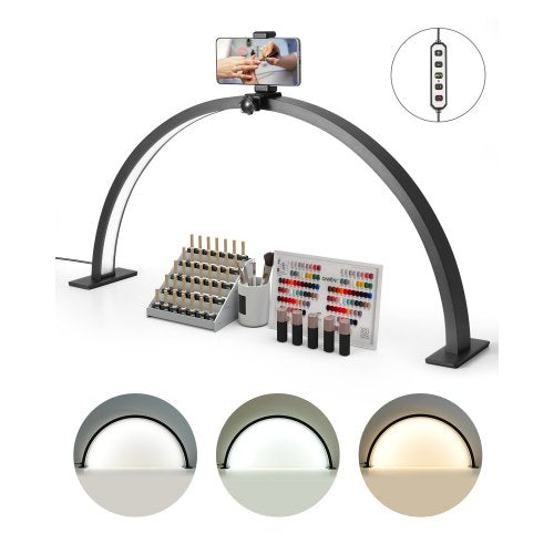Nail Desk Light, 30 W Half Moon Desk Lamp with Phone Holder, Adjustable Brightness and Color Temperature, Arched LED Table Light for Nail Tech, Tattoo Artists, Beauty, Eyelash Extensions