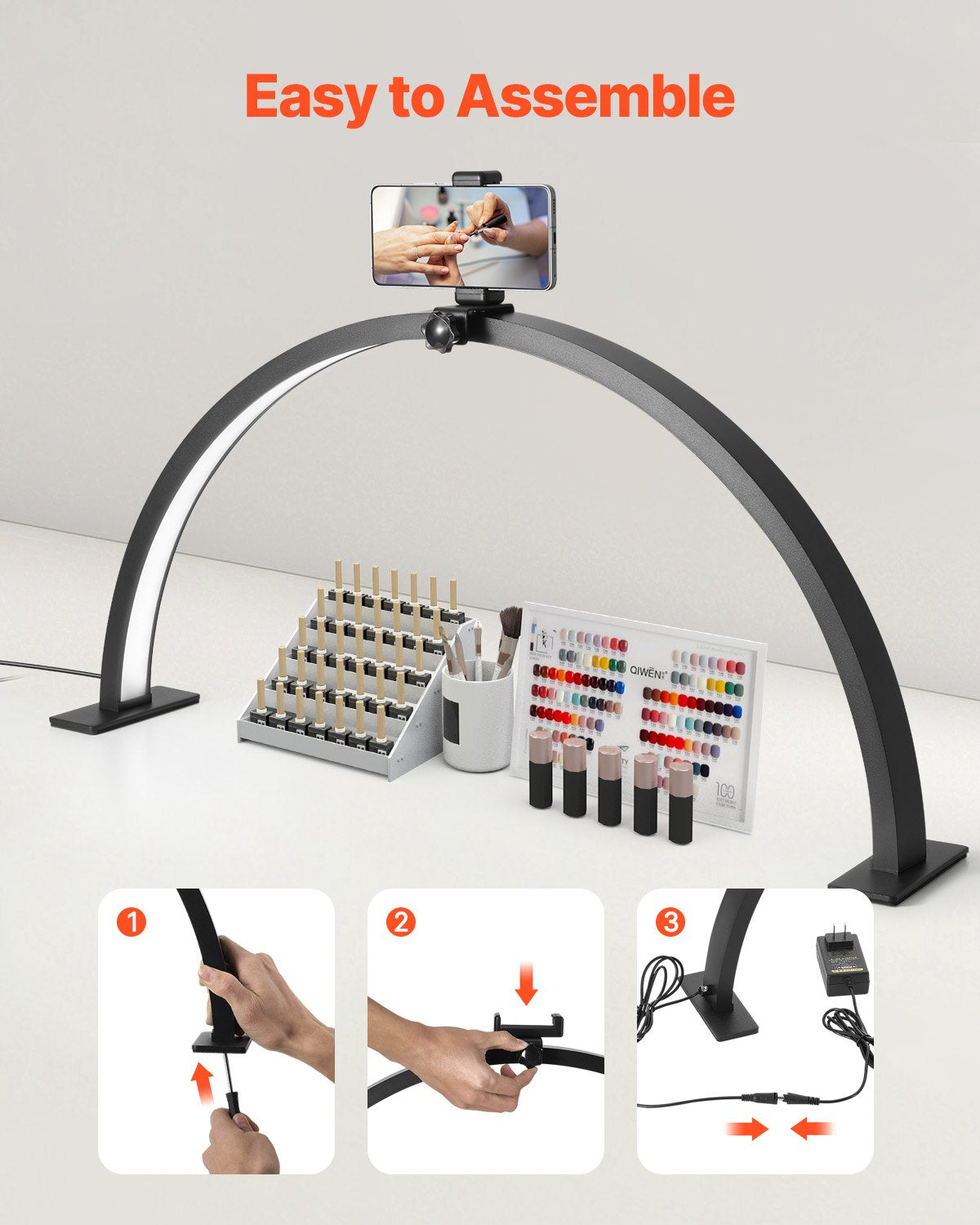 Nail Desk Light, 30 W Half Moon Desk Lamp with Phone Holder, Adjustable Brightness and Color Temperature, Arched LED Table Light for Nail Tech, Tattoo Artists, Beauty, Eyelash Extensions