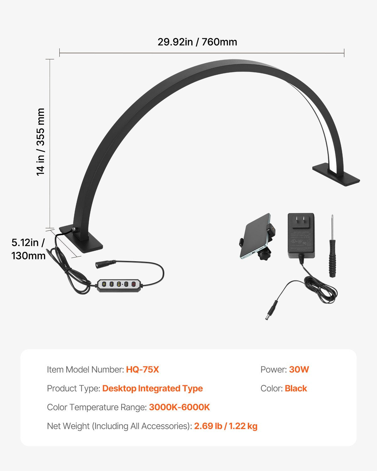 Nail Desk Light, 30 W Half Moon Desk Lamp with Phone Holder, Adjustable Brightness and Color Temperature, Arched LED Table Light for Nail Tech, Tattoo Artists, Beauty, Eyelash Extensions