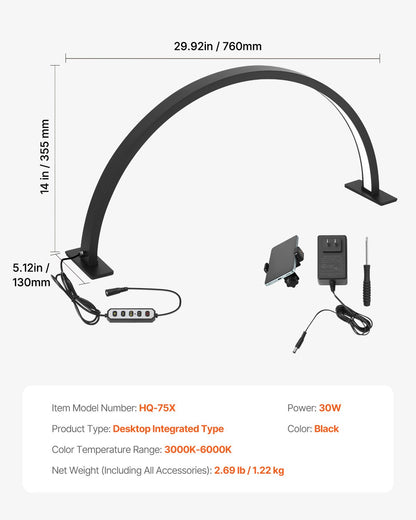 Nail Desk Light, 30 W Half Moon Desk Lamp with Phone Holder, Adjustable Brightness and Color Temperature, Arched LED Table Light for Nail Tech, Tattoo Artists, Beauty, Eyelash Extensions