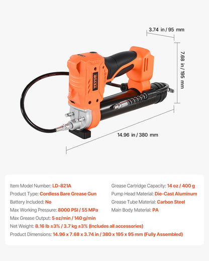 Sladdlös fettspruta, 8000 PSI maxtryck, batteridriven fettspruta med LED-lampa och 35,4-tums slang, kompatibel med 18V Makita-batterier, för smörjning av fordon eller maskiner (endast verktyg)