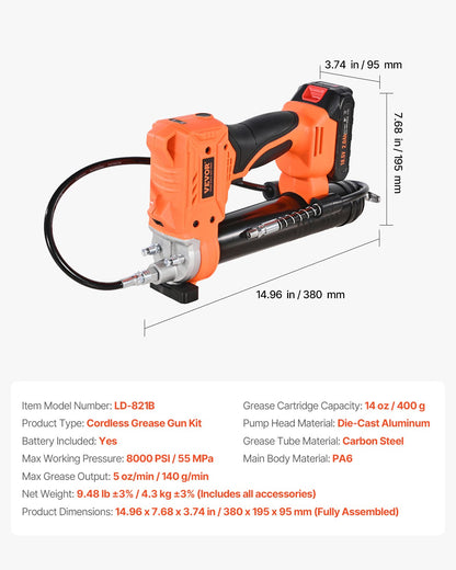 Sladdlös fettspruta, 8000 PSI maxtryck, 20V elektrisk fettspruta med 2,0 Ah batteri och LED-lampa, 35,4-tums slang och bärväska, variabel hastighet, smörjning av fordon eller maskiner