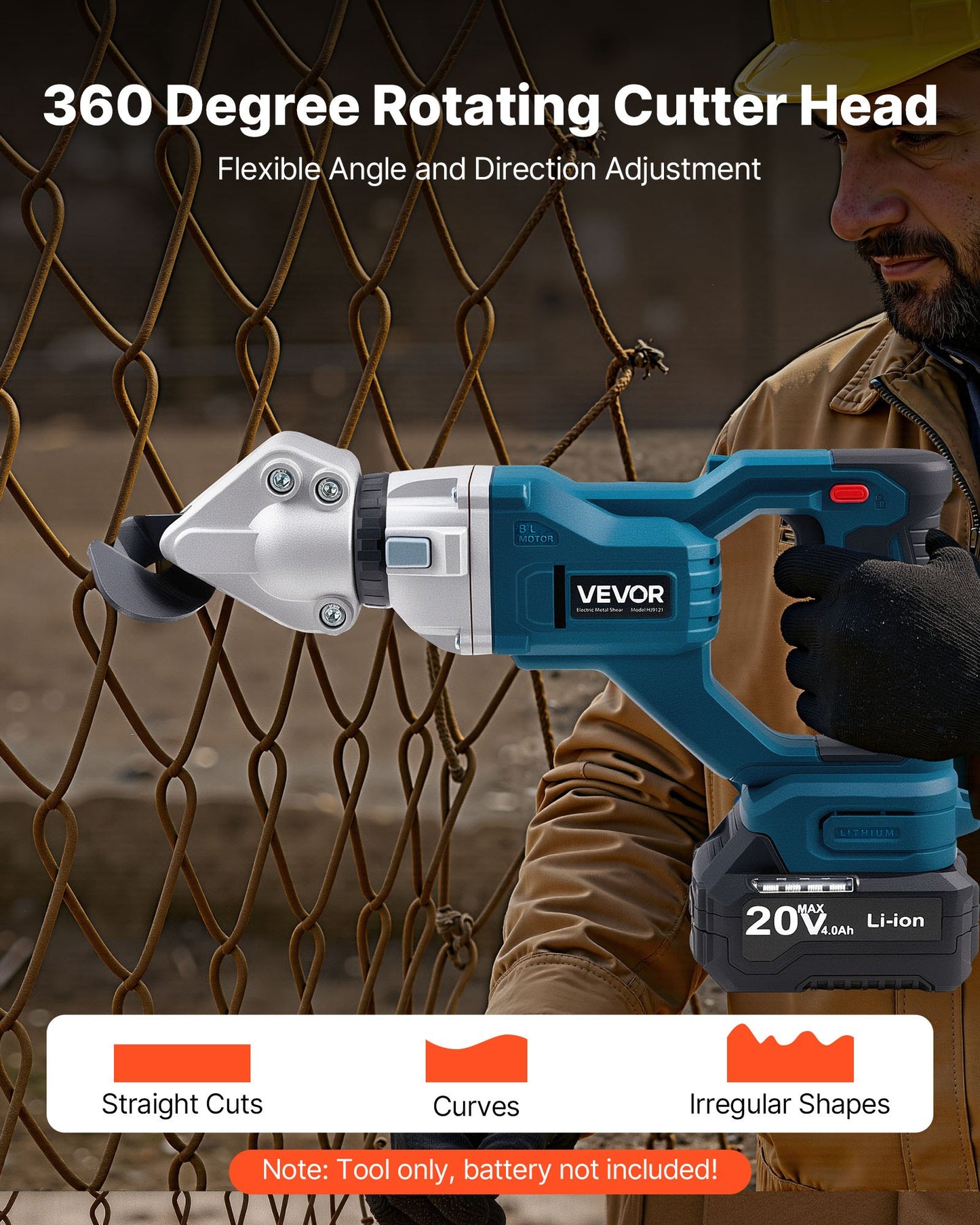 Metallsax, Plåtskärare Sladdlös med 360-graders vridbart huvud, Dubbla blad, 25000 varv/min, Skär 1,22 mm galvaniserat stål, 1 mm rostfritt stål, Aluminiumplåt, Plast, Kartong