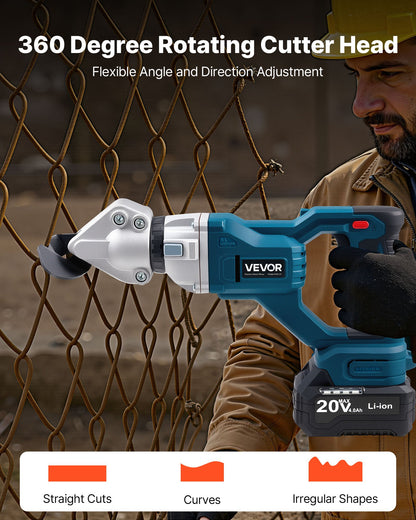 Metallsax, sladdlös plåtskärare med 360-graders vridbart huvud, dubbla blad, 220VAC 20VDC, skär 1,22 mm galvaniserat stål, 1 mm rostfritt stål, aluminium, plast, kartong, 2800 SPM