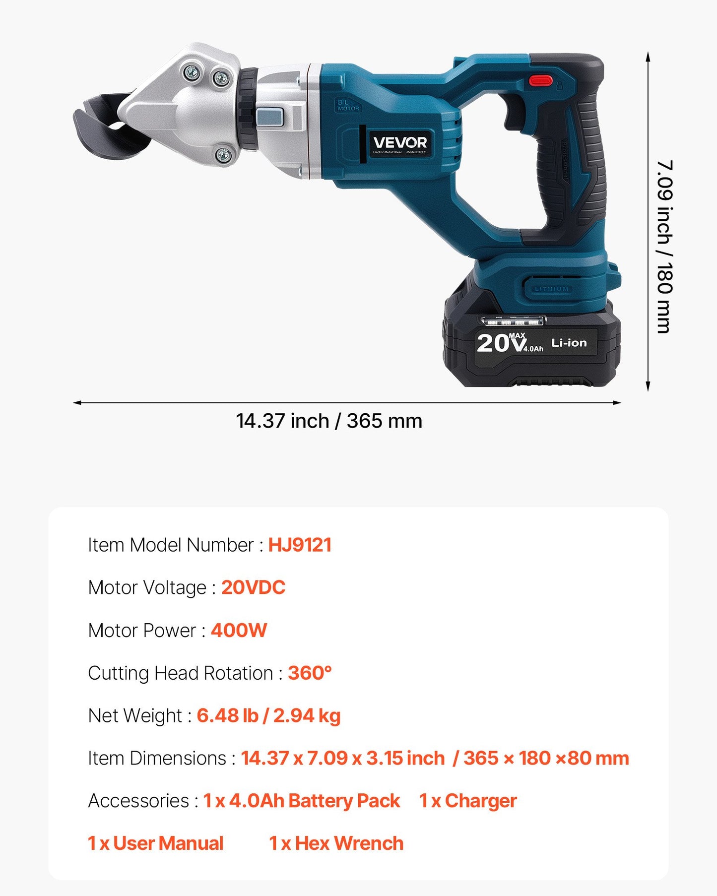 Metallsax, sladdlös plåtskärare med 360-graders vridbart huvud, dubbla blad, 220VAC 20VDC, skär 1,22 mm galvaniserat stål, 1 mm rostfritt stål, aluminium, plast, kartong, 2800 SPM