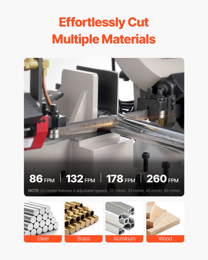 Horisontell bandsåg för metall, 178 x 209 mm (7 x 8,25 tum) rektangulär skärkapacitet, 220V vertikal bandsåg för metall med 1,1 kW motor, 0–45° vinkeljustering, variabel hastighet, för metall, trä och plast