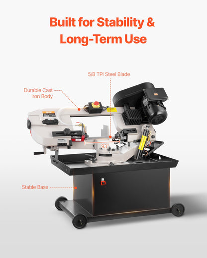 Horisontell bandsåg för metall, 178 x 209 mm (7 x 8,25 tum) rektangulär skärkapacitet, 220V vertikal bandsåg för metall med 1,1 kW motor, 0–45° vinkeljustering, variabel hastighet, för metall, trä och plast