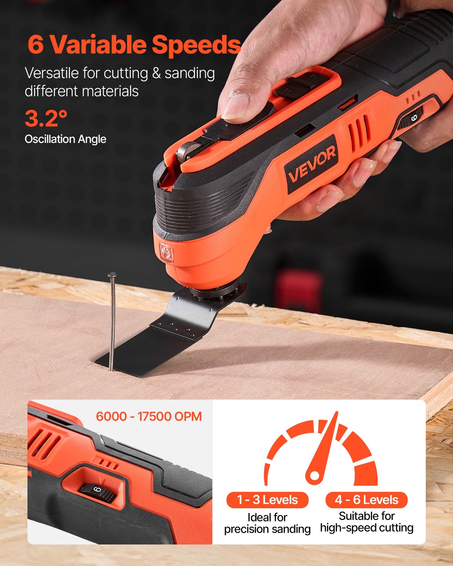 Cordless Oscillating Tool, 12V Multitool Oscillating Saw Tool with 6 Variable Speeds 6000 - 17500 OPM, 3.2° Oscillating Angle, 2.0Ah Battery Pack & Charger, 8PCS Saw Accessories & LED Work Light