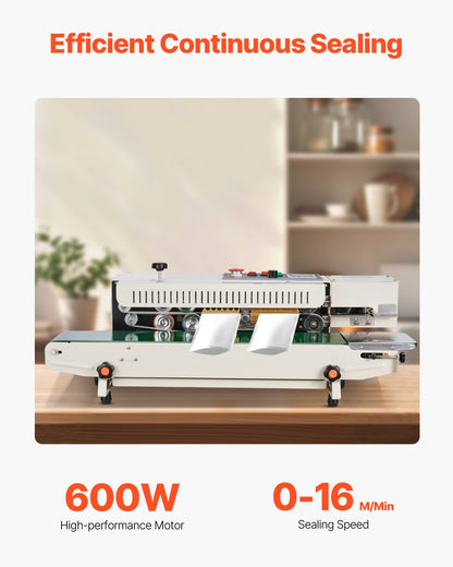 Kontinuerlig påsbandsförslutningsmaskin, 0,24-0,47 tum/6-12 mm förseglingsbredd, horisontell bandförslutningsmaskin med digital temperaturkontroll, påsförslutningsmaskin för 0,02-0,8 mm plastpåsar, uppblåsningsfunktion