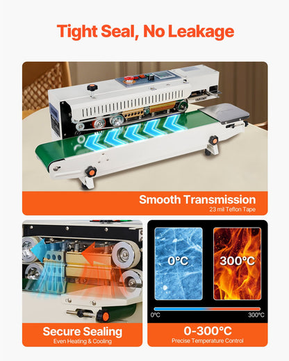 Kontinuerlig påsbandsförslutningsmaskin, 0,24-0,47 tum/6-12 mm förseglingsbredd, horisontell bandförslutningsmaskin med digital temperaturkontroll, påsförslutningsmaskin för 0,02-0,8 mm plastpåsar, uppblåsningsfunktion
