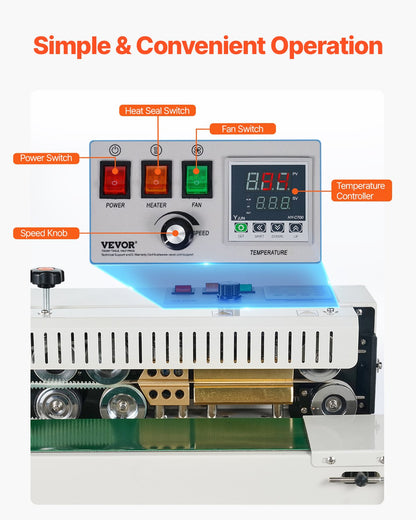 Kontinuerlig påsbandsförslutningsmaskin, 0,24-0,47 tum/6-12 mm förseglingsbredd, horisontell bandförslutningsmaskin med digital temperaturkontroll, påsförslutningsmaskin för 0,02-0,8 mm plastpåsar, uppblåsningsfunktion