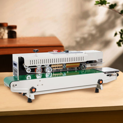 Kontinuerlig påsbandsförslutningsmaskin, 0,24-0,47 tum/6-12 mm förseglingsbredd, horisontell bandförslutningsmaskin med digital temperaturkontroll, påsförslutningsmaskin för 0,02-0,8 mm plastpåsar, uppblåsningsfunktion