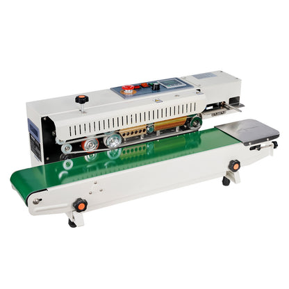 Kontinuerlig påsbandsförslutningsmaskin, 0,24-0,47 tum/6-12 mm förseglingsbredd, horisontell bandförslutningsmaskin med digital temperaturkontroll, påsförslutningsmaskin för 0,02-0,8 mm plastpåsar, uppblåsningsfunktion