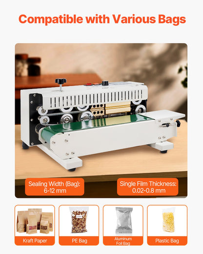 Kontinuerlig påsbandsförslutningsmaskin, 0,24-0,47 tum/6-12 mm förseglingsbredd, horisontell bandförslutningsmaskin med digital temperaturkontroll, påsförslutningsmaskin i kolstål för 0,02-0,8 mm plastpåsfilmer