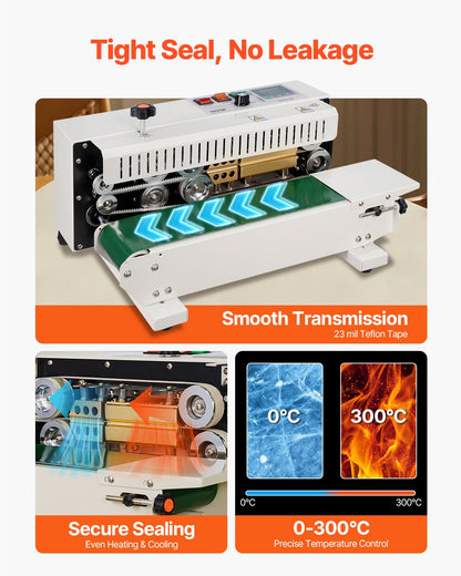 Kontinuerlig påsbandsförslutningsmaskin, 0,24-0,47 tum/6-12 mm förseglingsbredd, horisontell bandförslutningsmaskin med digital temperaturkontroll, påsförslutningsmaskin i kolstål för 0,02-0,8 mm plastpåsfilmer
