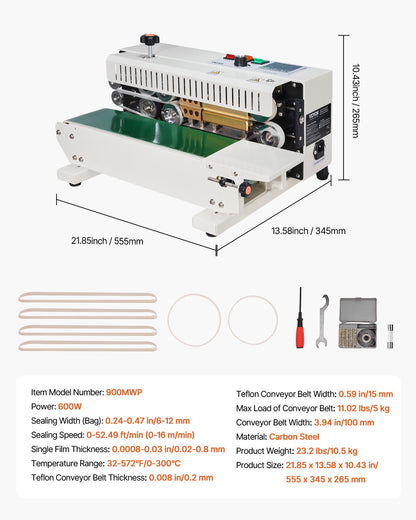 Kontinuerlig påsbandsförslutningsmaskin, 0,24-0,47 tum/6-12 mm förseglingsbredd, horisontell bandförslutningsmaskin med digital temperaturkontroll, påsförslutningsmaskin i kolstål för 0,02-0,8 mm plastpåsfilmer