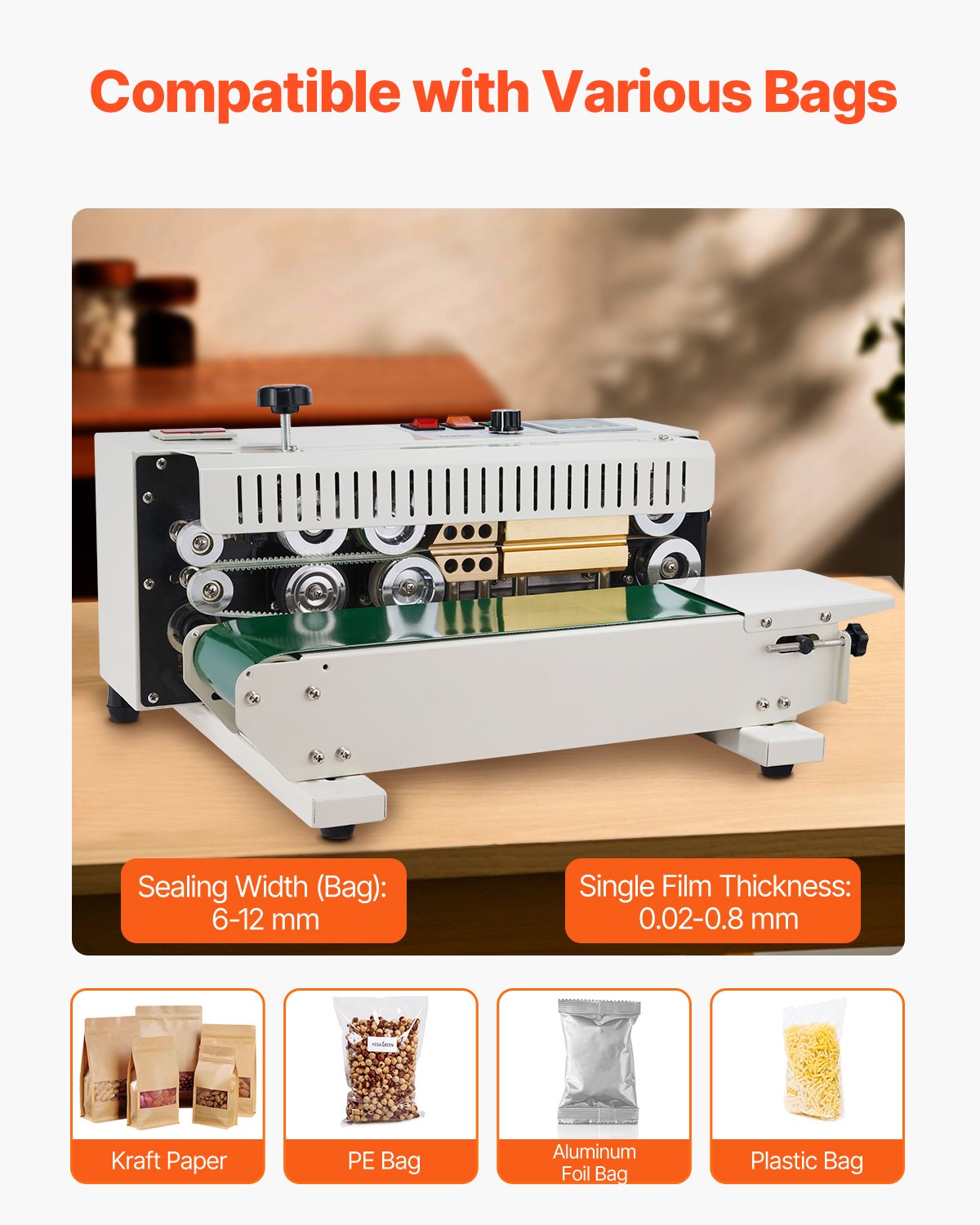 Continuous Bag Band Sealing Machine, 0.24-0.47 in/6-12 mm Seal Width, Horizontal Band Sealer Machine with Digital Temperature Control, Bag Sealer for 0.02-0.8 mm Plastic Bags with Count Function