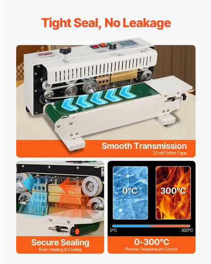 Continuous Bag Band Sealing Machine, 0.24-0.47 in/6-12 mm Seal Width, Horizontal Band Sealer Machine with Digital Temperature Control, Bag Sealer for 0.02-0.8 mm Plastic Bags with Count Function