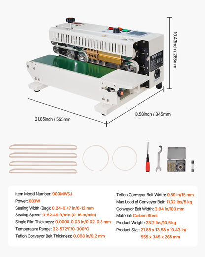 Continuous Bag Band Sealing Machine, 0.24-0.47 in/6-12 mm Seal Width, Horizontal Band Sealer Machine with Digital Temperature Control, Bag Sealer for 0.02-0.8 mm Plastic Bags with Count Function