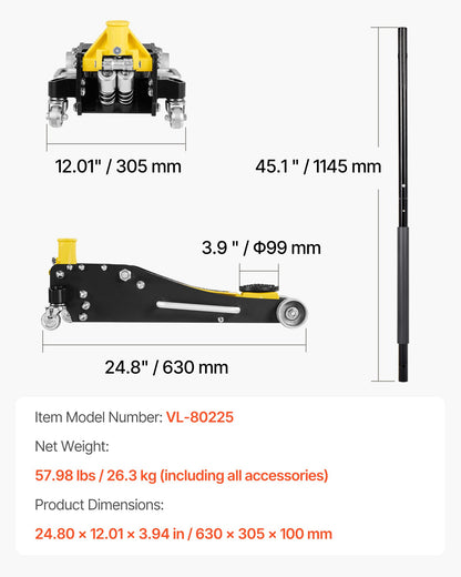 Low Profile Floor Jack, 2.5 Ton Capacity, Aluminum & Steel Racing Floor Jack with Dual Pistons Quick Lift Pump, Hydraulic Trolley Car Lift for Sedans & Compact SUVs, Lifting Range 95-475 mm