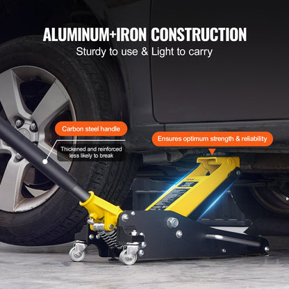 Lågprofilsdomkraft 2 ton (4400 lbs), kraftig hydraulisk racingdomkraft i aluminium, hydraulisk bildomkraft, dubbelkolvs snabblyftspump, lyfthöjd 3,2"-14,6" (gul)