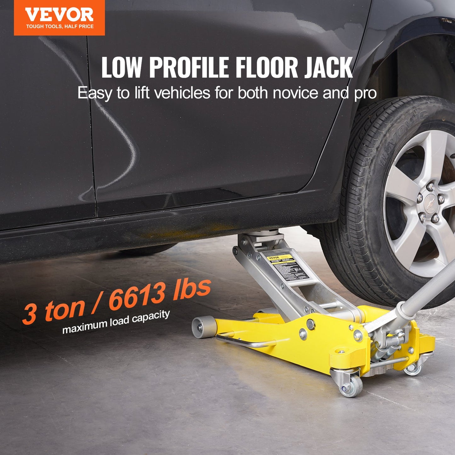 Low Profile Floor Jack 3 Ton (6600 lbs), Heavy Duty Aluminum Hydraulic Racing Floor Jack, Hydraulic Car Jack, Dual Piston Quick Lift Pump, 3.7"-18.3" Height Lifting Range (Yellow)