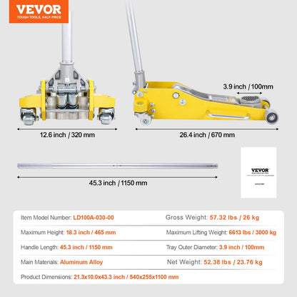 Low Profile Floor Jack 3 Ton (6600 lbs), Heavy Duty Aluminum Hydraulic Racing Floor Jack, Hydraulic Car Jack, Dual Piston Quick Lift Pump, 3.7"-18.3" Height Lifting Range (Yellow)