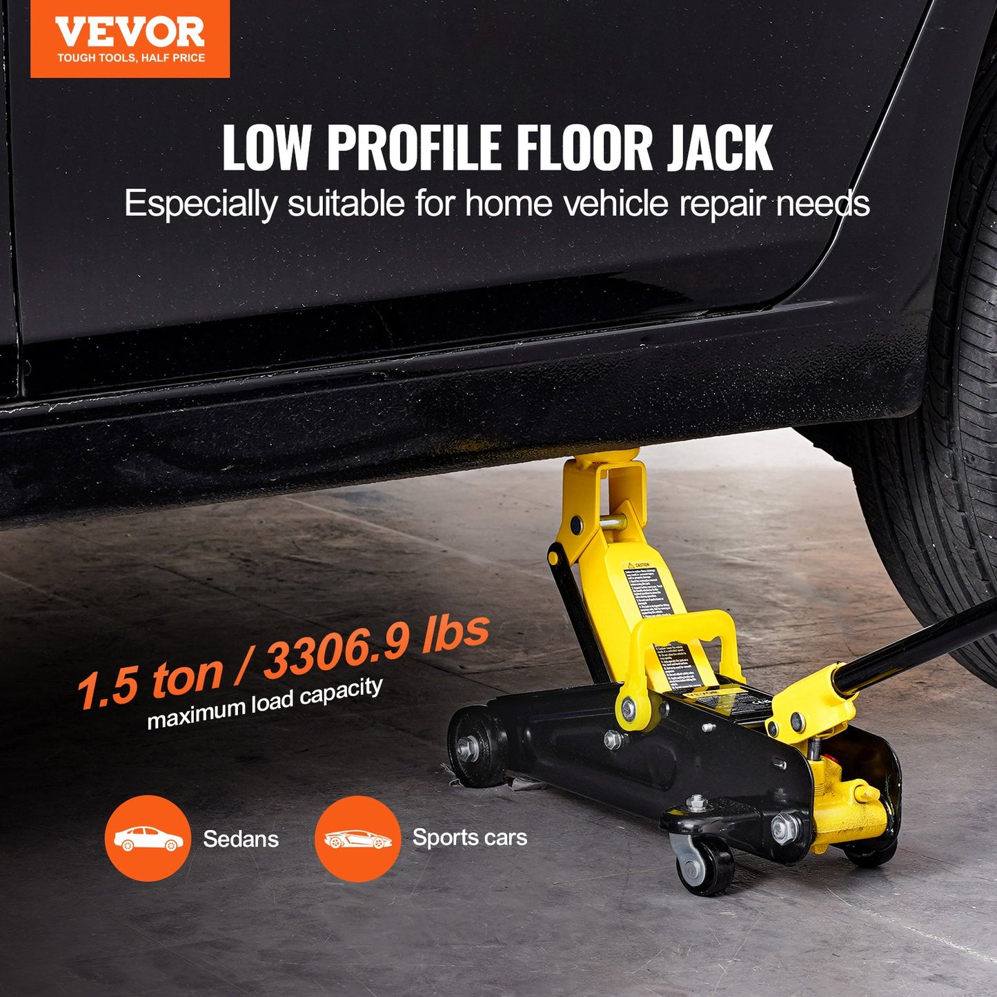 Low Profile Floor Jack 1.5 Ton (3300 lbs), Heavy Duty Iron Hydraulic Racing Floor Jack, Hydraulic Car Jack, Single Piston Quick Lift Pump, 4.7"-12.1" Height Lifting Range (Yellow)