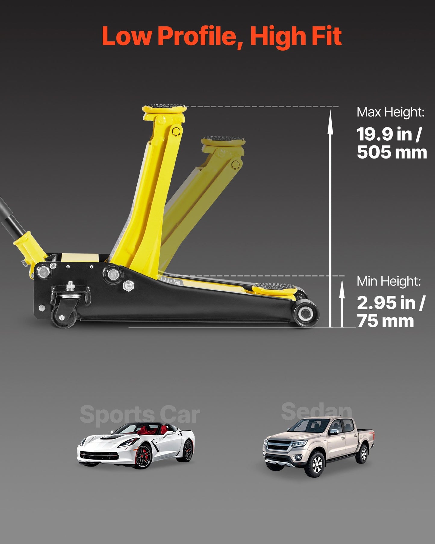 Low Profile Floor Jack, Max 2 Ton Capacity, Steel Racing Floor Jack with Dual Pistons Quick Lift Pump, Heavy-Duty Hydraulic Trolley Car Lift for Sports Cars and Sedans, Lifting Range 75-505 mm