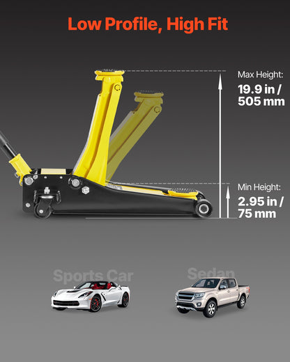 Low Profile Floor Jack, Max 2 Ton Capacity, Steel Racing Floor Jack with Dual Pistons Quick Lift Pump, Heavy-Duty Hydraulic Trolley Car Lift for Sports Cars and Sedans, Lifting Range 75-505 mm