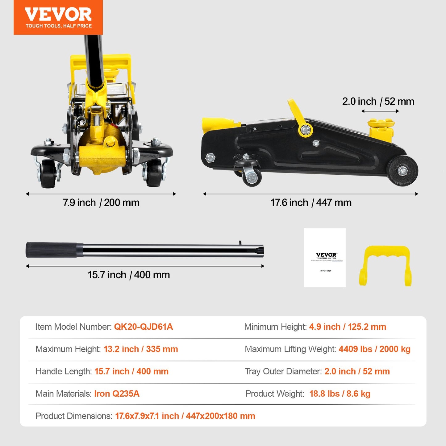Low Profile Floor Jack 2 Ton (4400 lbs), Heavy Duty Iron Hydraulic Racing Floor Jack, Hydraulic Car Jack, Single Piston Quick Lift Pump, 4.9"-13.2" Height Lifting Range (Yellow)
