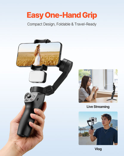 Gimbal Stabilizer for Smartphone, 3-Axis Stabilization, Phone Gimbal for Android & iPhone with Magnetic Fill Light, Face Tracking, Gesture Control, Phone Stabilizer for Video Recording Vlogging