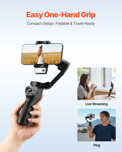 Gimbal Stabilizer for Smartphone, 3-Axis Stabilization, AI-Powered Phone Gimbal for Android iPhone with Fill Light, Tripod, Auto Tracking, Portable Foldable Phone Stabilizer for Video Recording