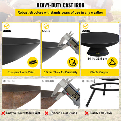 Eldskål, 76 cm djup rund eldskål i gjutjärn, vedeldad för uteplatser, bakgårdar och camping, med en stabil skåldesignad bas och en vedpinne, svart