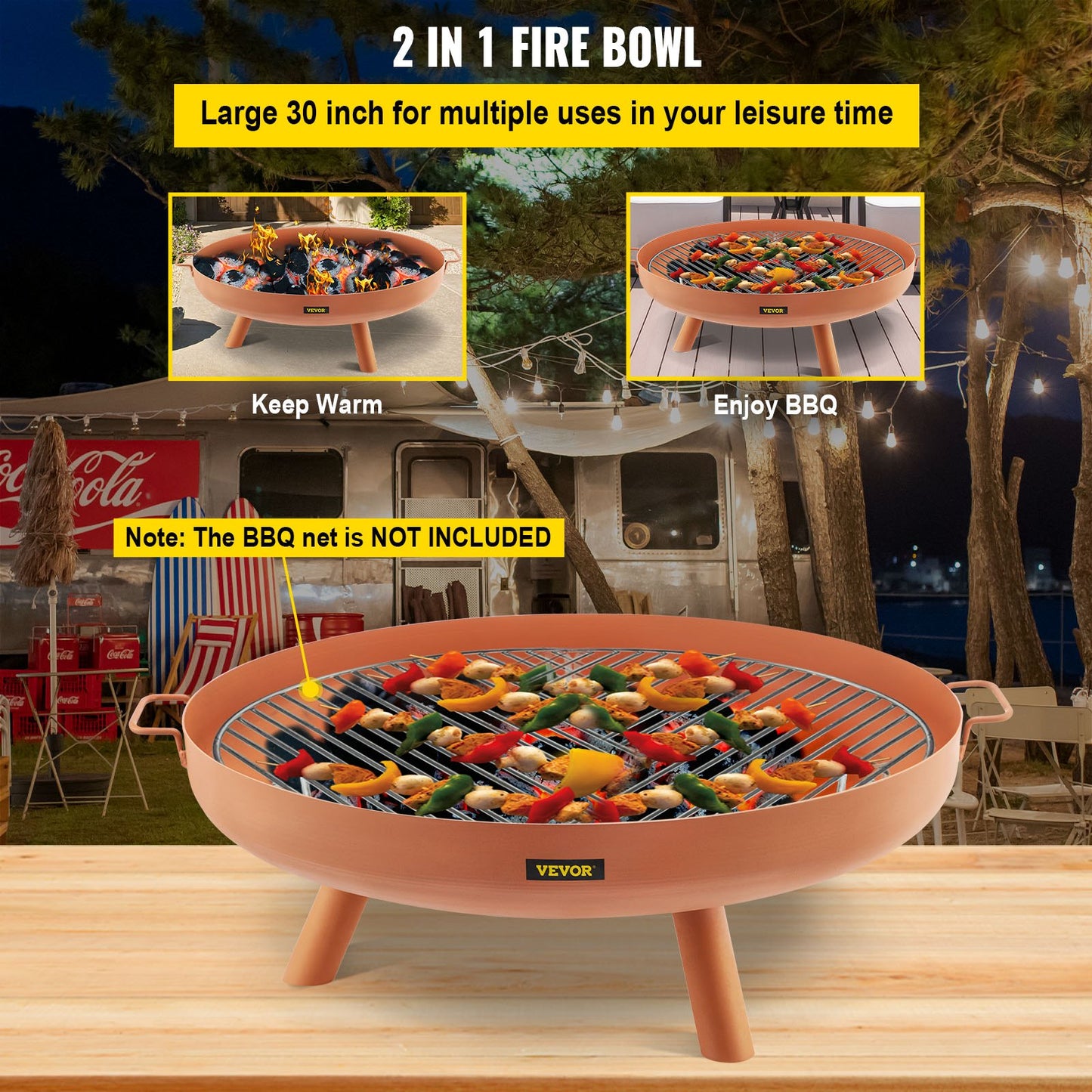 Fire Pit Bowl, 30-Inch Deep Round Carbon Steel Fire Bowl, Wood Burning for Outdoor Patios, Backyards & Camping Uses, with A Drain Hole, Portable Handles and A Firewood Stick, Brown