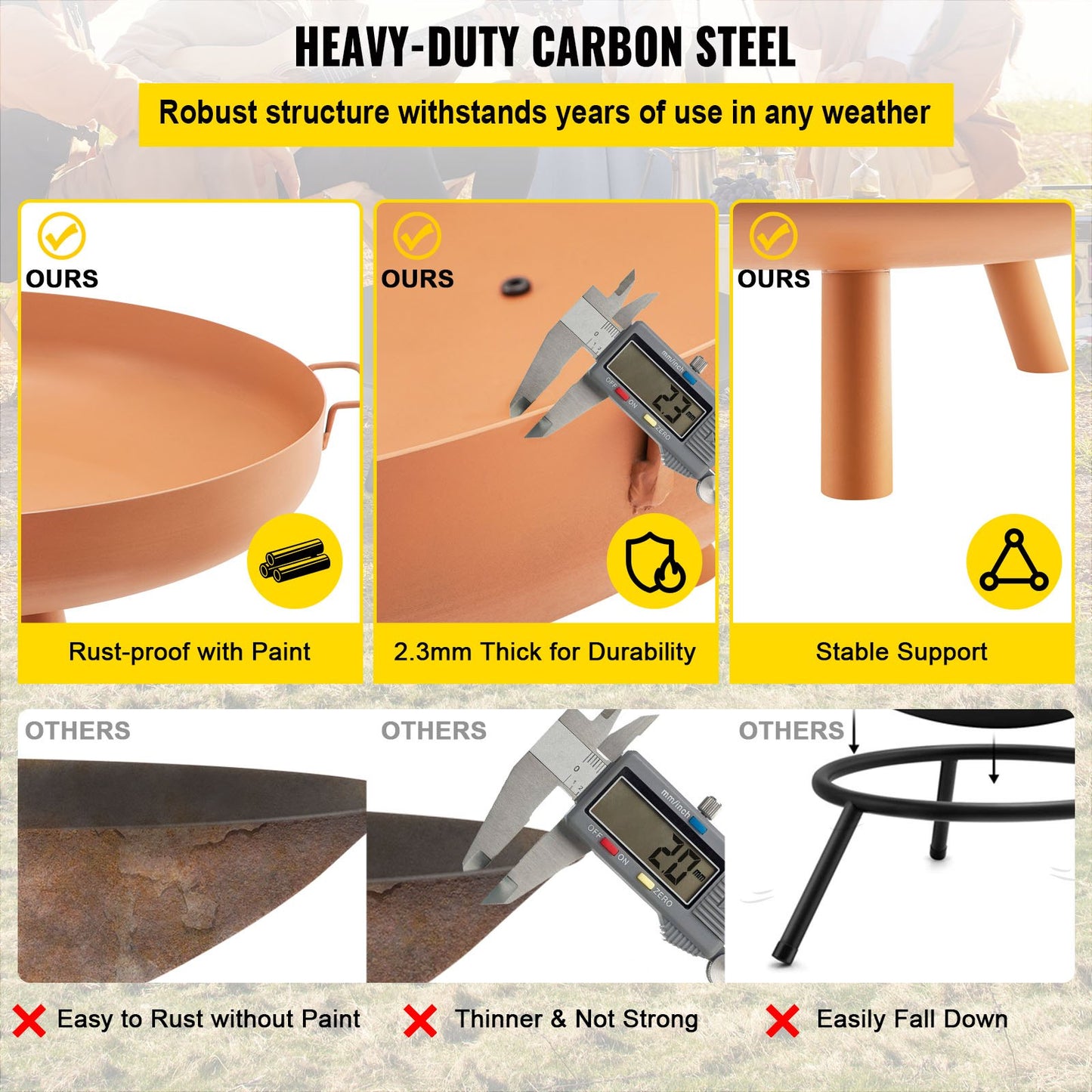 Fire Pit Bowl, 30-Inch Deep Round Carbon Steel Fire Bowl, Wood Burning for Outdoor Patios, Backyards & Camping Uses, with A Drain Hole, Portable Handles and A Firewood Stick, Brown