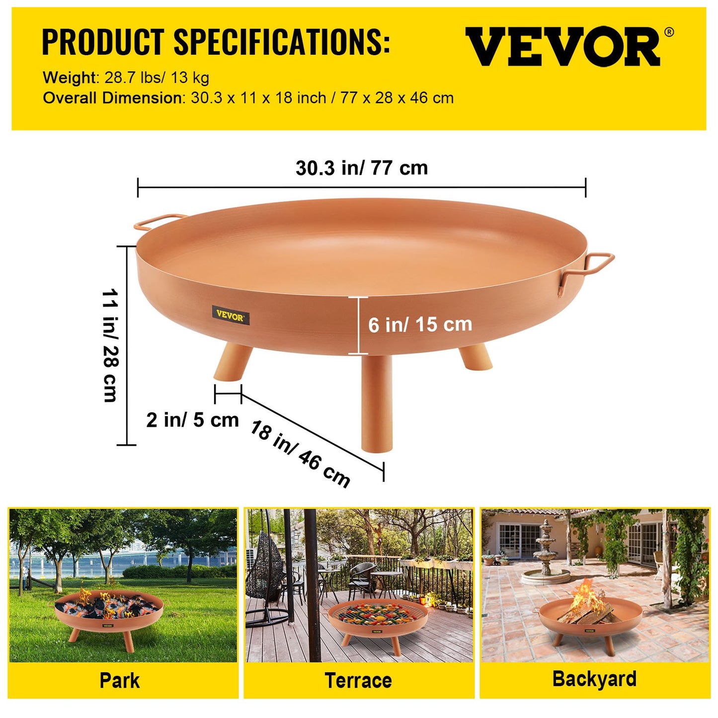 Fire Pit Bowl, 30-Inch Deep Round Carbon Steel Fire Bowl, Wood Burning for Outdoor Patios, Backyards & Camping Uses, with A Drain Hole, Portable Handles and A Firewood Stick, Brown