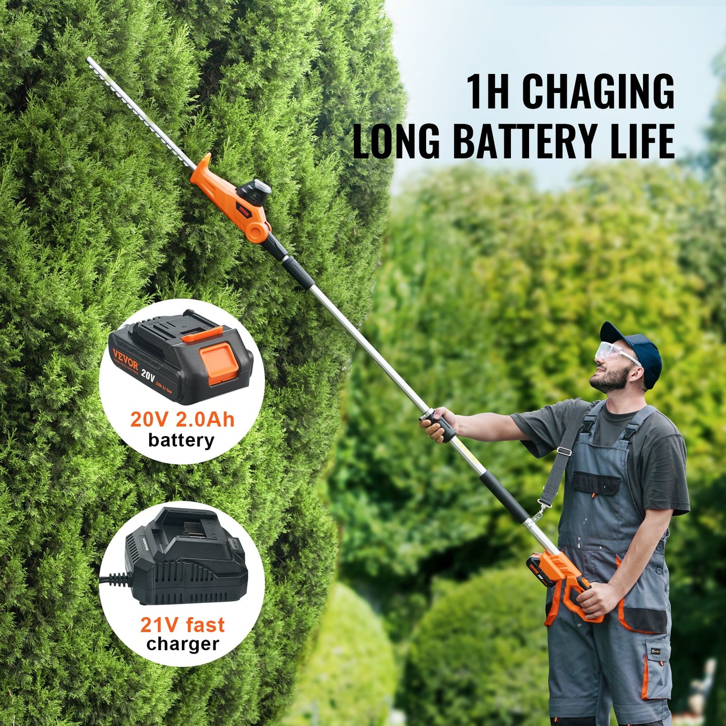20V Cordless Hedge Trimmer Telescoping Pole Hedge Trimmer 18 inch Blade