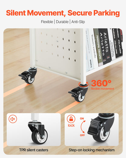 Rullande biblioteksbokvagn, 150 kg kapacitet, 97 x 51,5 x 122,5 cm biblioteksvagn, dubbelsidiga W-formade hyllor med 76,2 mm låsbara hjul, bokvagn för hemhyllor, kontor och skola, vit
