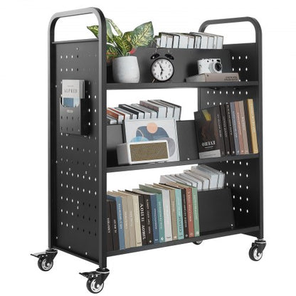 Rolling Library Book Cart, 150 kg Capacity, 97 x 51.5 x 122.5 cm Library Cart, Double Sided W-Shaped Shelves with 76.2 mm Lockable Wheels, Book Truck for Home Shelves Office and School, Black