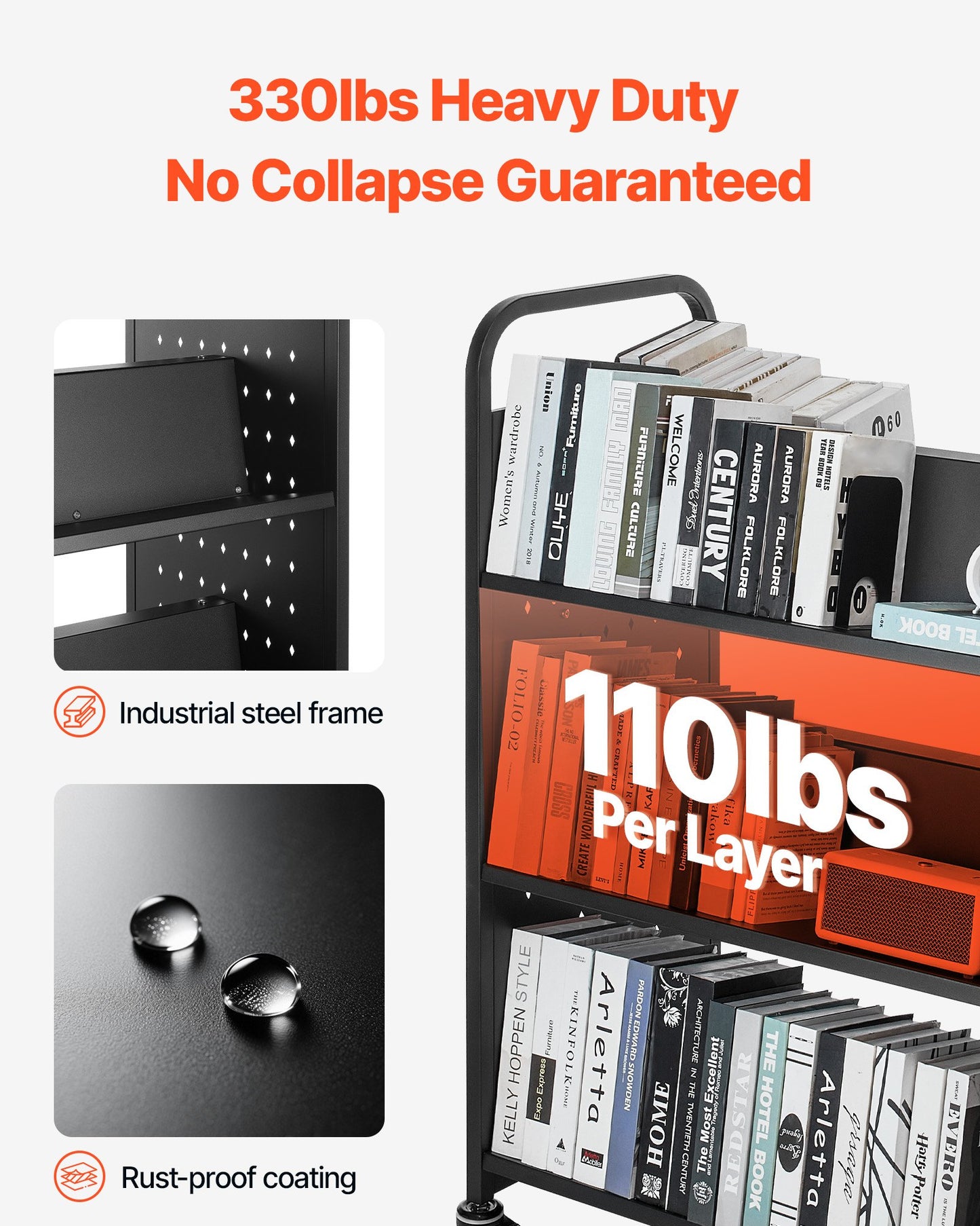 Rolling Library Book Cart, 150 kg Capacity, 97 x 51.5 x 122.5 cm Library Cart, Double Sided W-Shaped Shelves with 76.2 mm Lockable Wheels, Book Truck for Home Shelves Office and School, Black